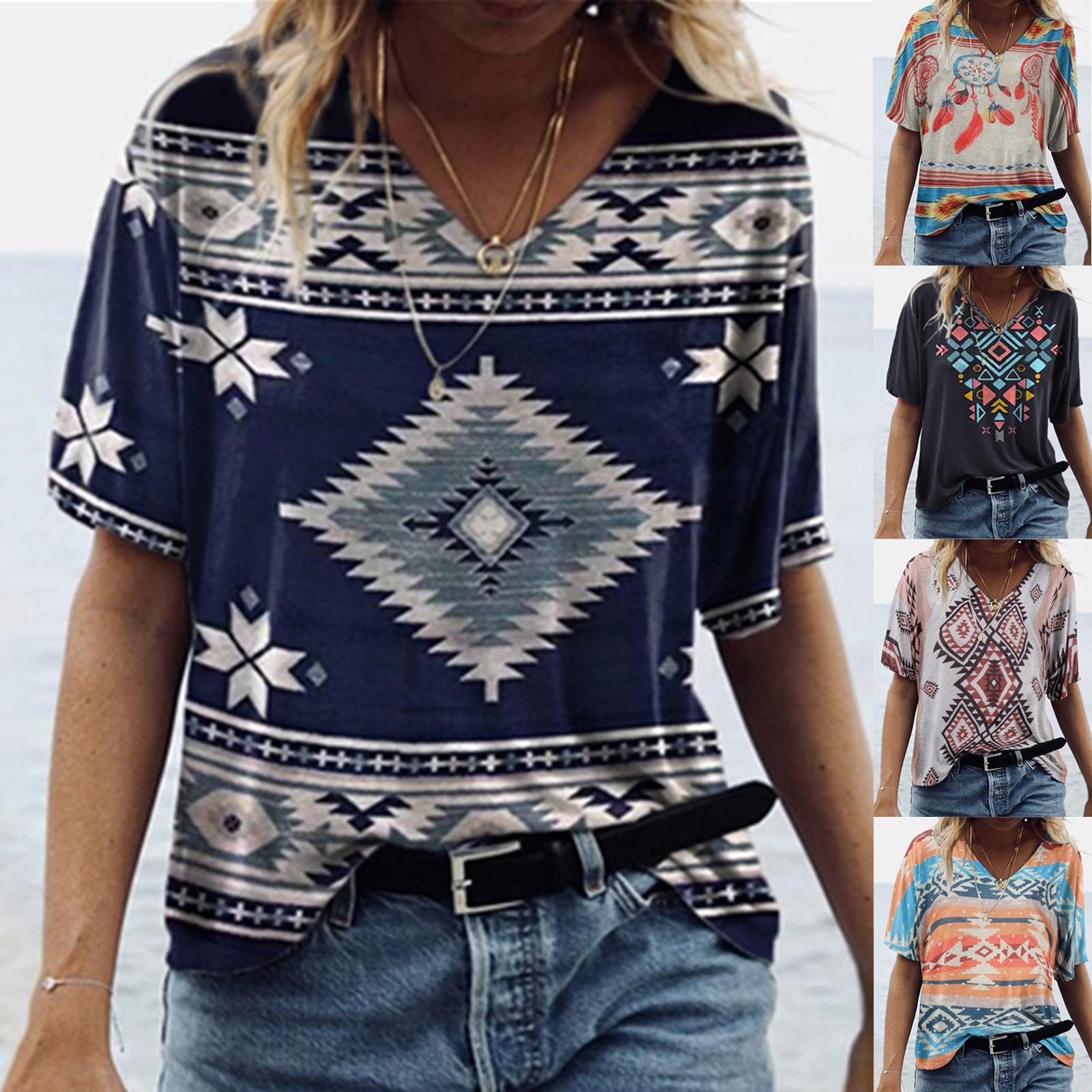 

Женская футболка в стиле ретро с геометрическим принтом и v-образным вырезом и короткими рукавами, топ, блузки