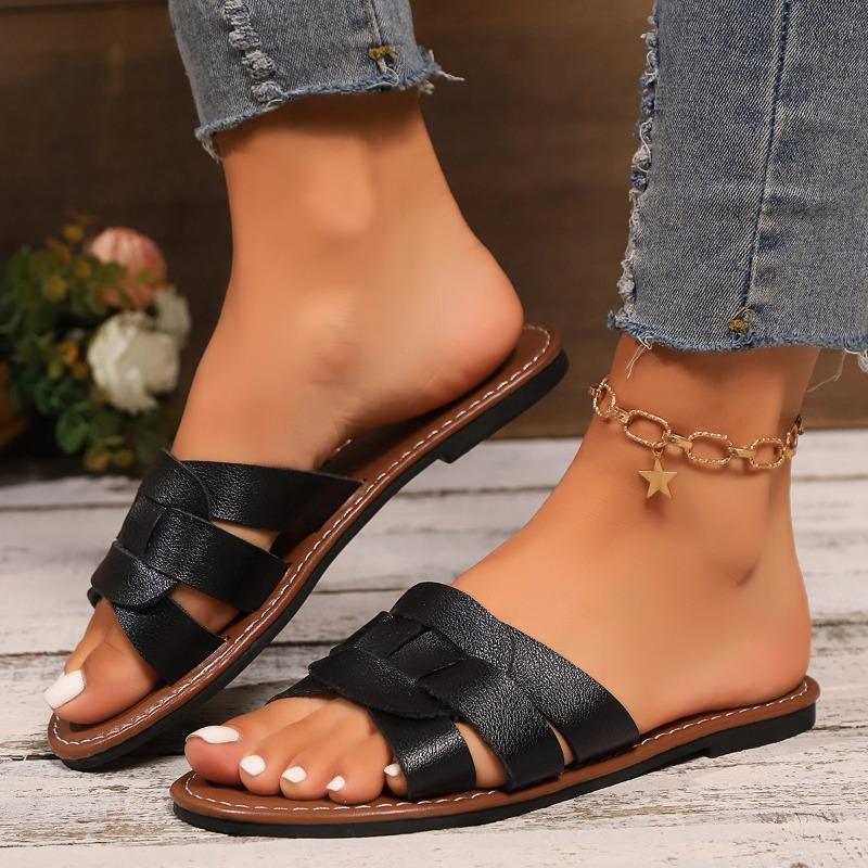 

2024 Высококачественная женская обувь Лето Лидер продаж Открытые носки Однотонные женские тапочки Модные римские тапочки на низком каблуке 43