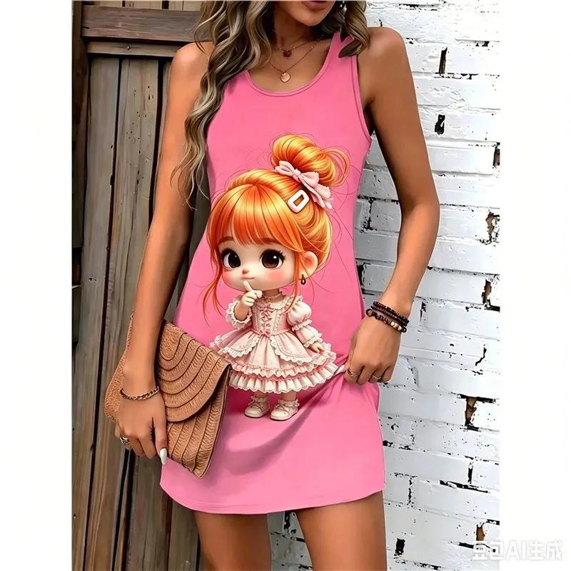 Fashion Women s Sleeveless 3D Striped Color Printed Portrait Dress Sleeveless Portrait Dress XS