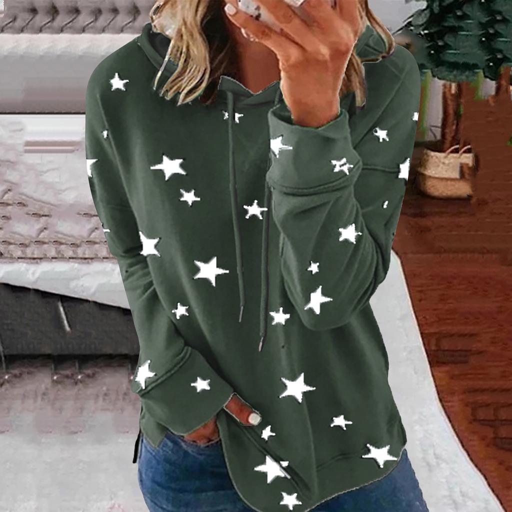 Women Fashion Hooded Star Print Patchwork Long Sleeves Tops Blouse Sweatshirt
