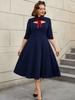 AOMEI Navy A Line Midi Dresses Short Sleeves Vintage 90s Outfits for Women Casual Work Wear