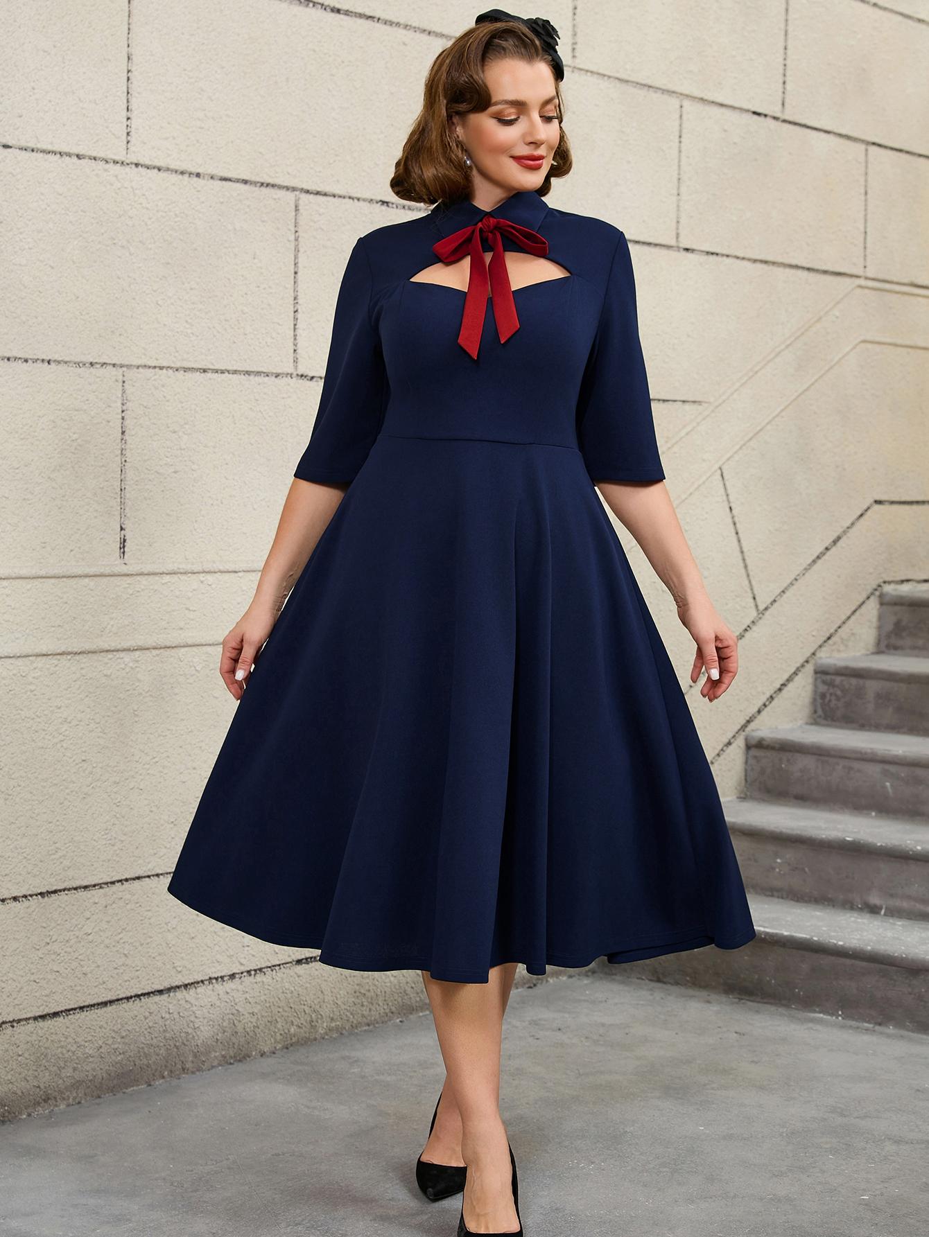 

AOMEI Navy A Line Midi Dresses Short Sleeves Vintage 90s Outfits for Women Casual Work Wear 4XL тёмно-синий