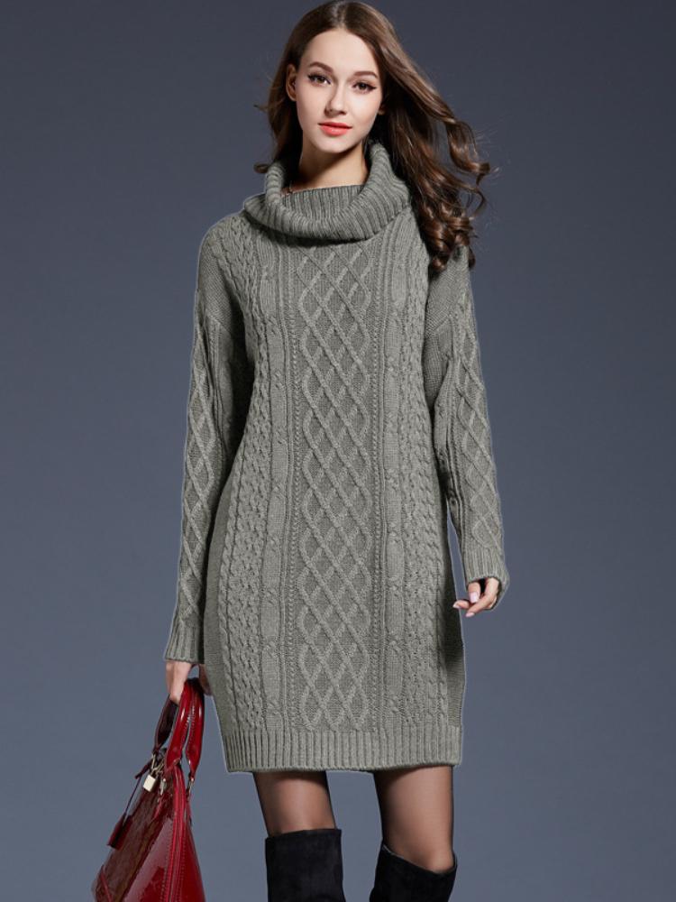 Autumn and Winter Plus Size Women's Knitted Sweater Dress Long High Neck Sweater for Women