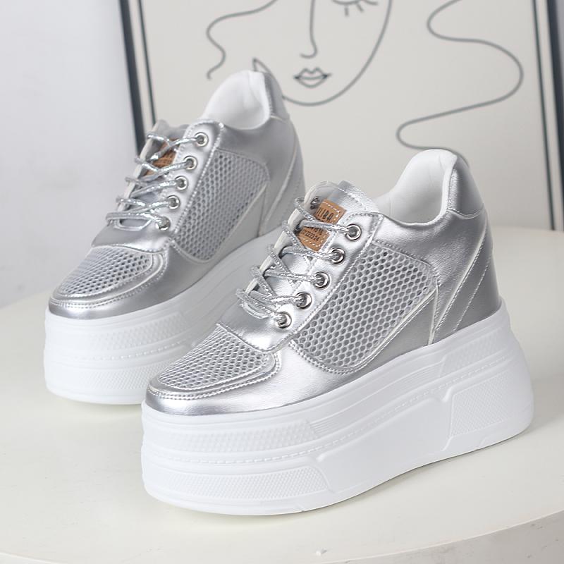 12CM Synthetisches Air Mesh Echtleder Schuhe Plateau Keil Sommer Stiefeletten Atmungsaktive Sandalen Damen Klobige Sneaker