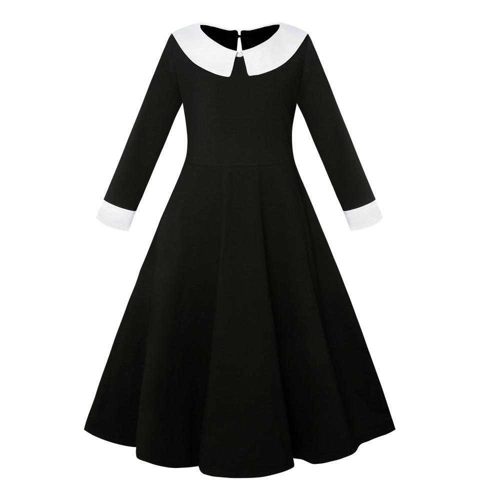 Addams Family Cosplay Girls' Long Sleeve Dress For Children Black Polyester Fabric
