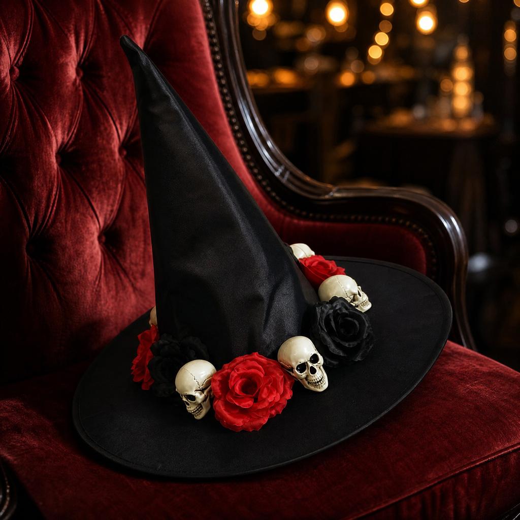 Black Satin Witch Hat for Halloween Costume Accessory