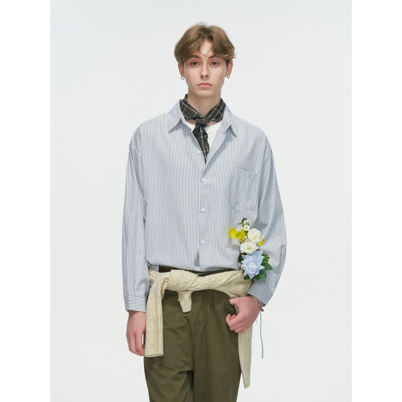 Dream Made American-Style Striped White Long-Sleeved Shirt for Men, Spring and Autumn Casual Workwear, Loose Inner Shirt