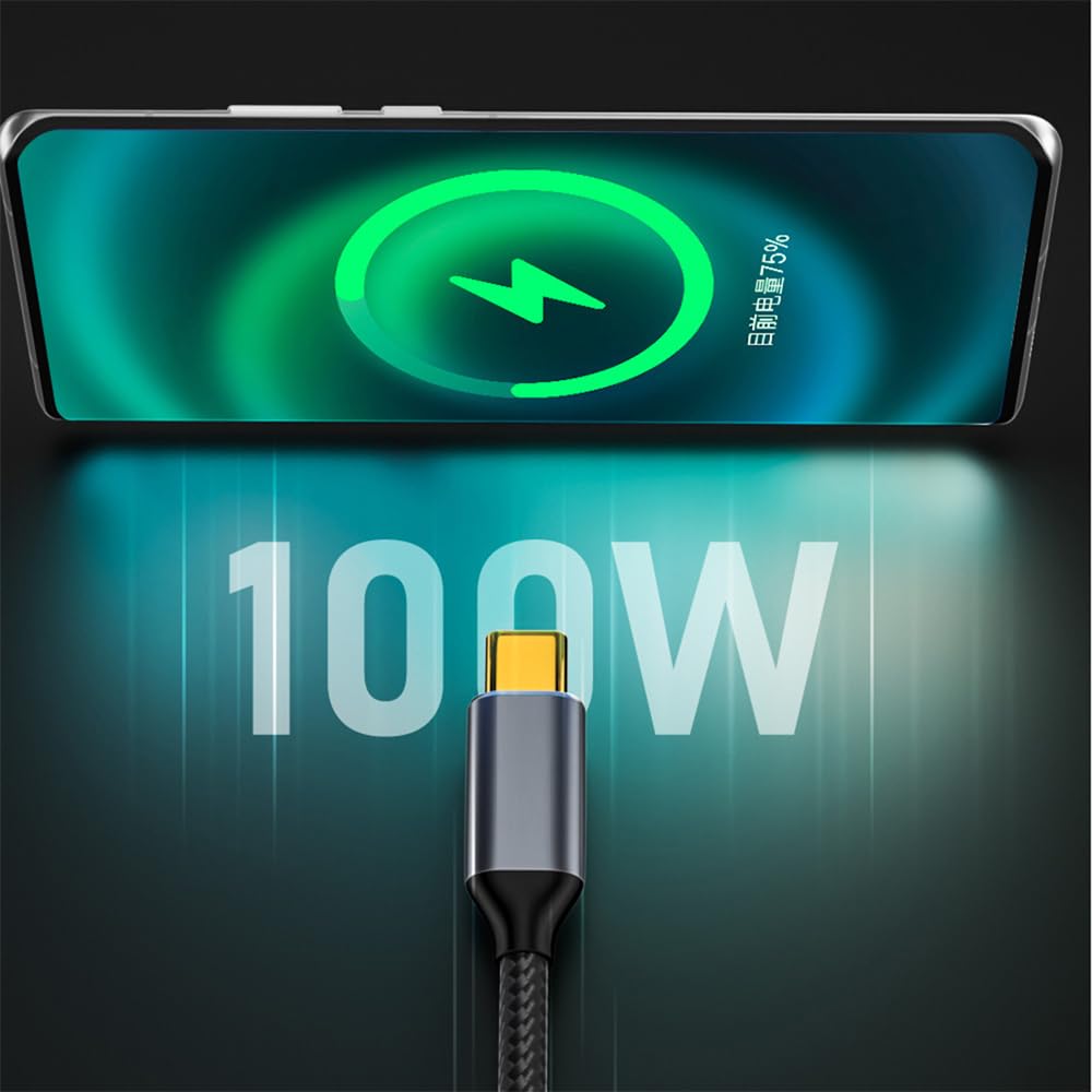 CABLECC 10Gbps 100W Data Reversible Male to Male USB Cable 90 Degree Angle Low Profile 200cm for Laptop Phone Type-C USB-C 3.1