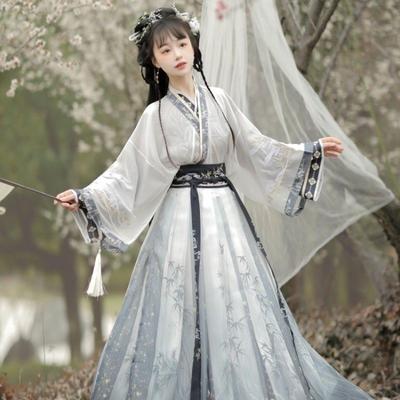 Ink Bamboo Themed Chinese Wei Jin Dynasty Style Hanfu Embroidered Cross Collar Waist Length Skirt Daily Set For Women
