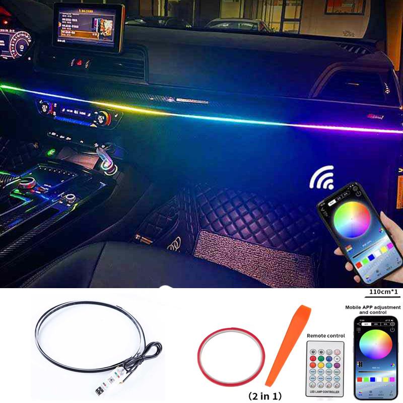 2 In 1 64 Color RGB Symphony Car Ambient Light Interior Acrylic Guide LED Strip Light Decoration Atmosphere Lamp by APP Control