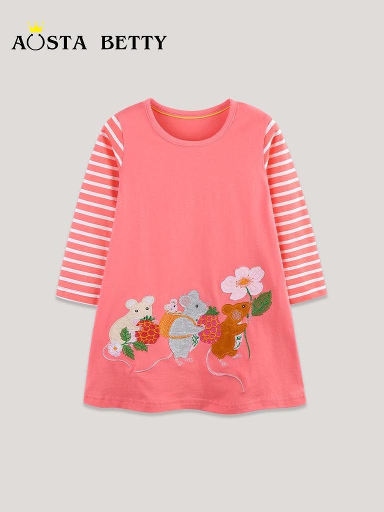 European & American Style Girls' Long-Sleeve Dress with Mouse Appliqué Embroidery - 2026 Autumn Collection