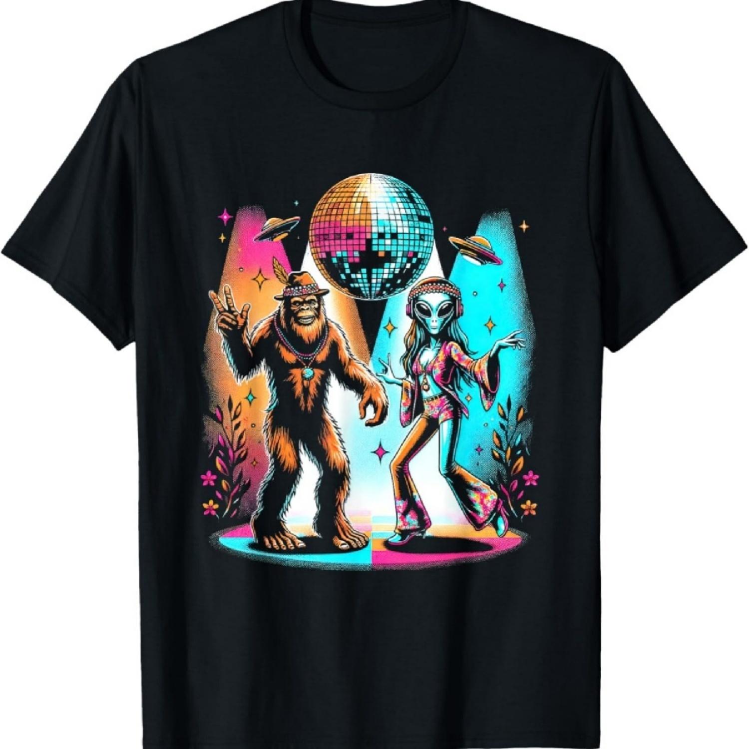 Забавная футболка для диско-танцев Бигфута и инопланетянина в стиле ретро 70-х для хиппи-вечеринки XXXXXL разноцветный