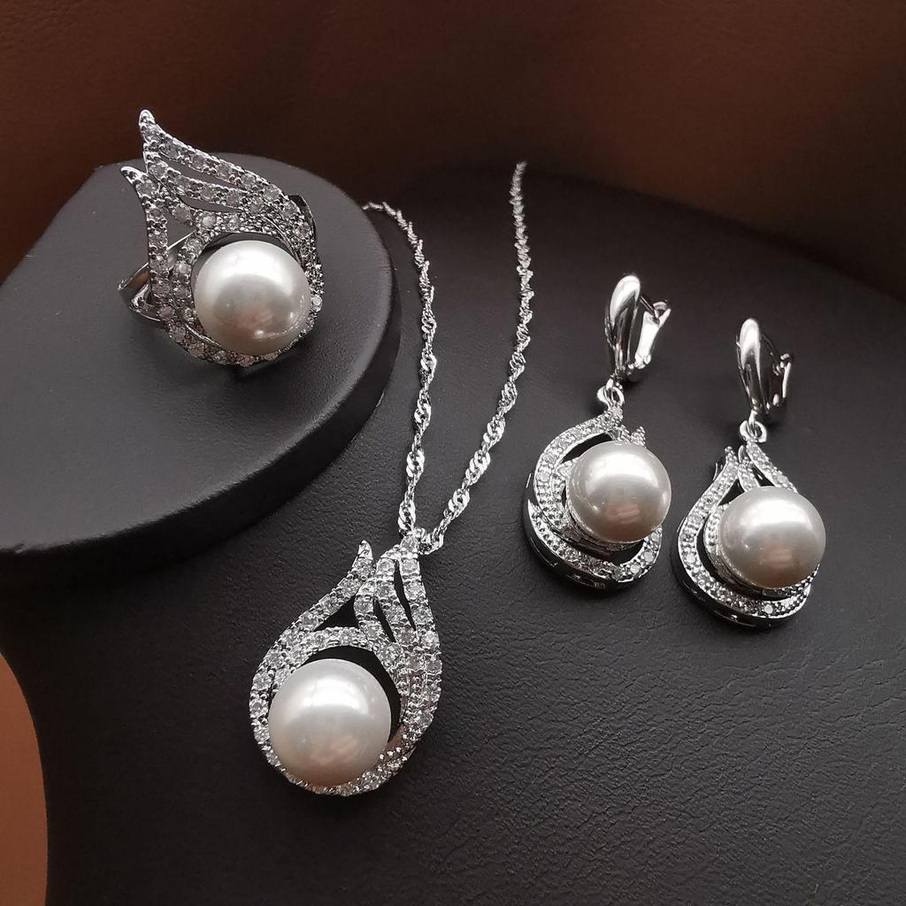 European & American Luxury Zircon Pearl Jewelry Set: Necklace, Earrings, Ring