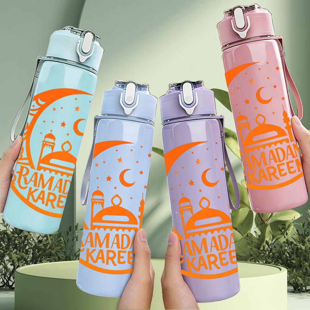 1PC Ramadan Orange Crescent Moon Print 750ml Color Plastic Water Bottle Leakproof Flip Straw Lid For Sports Office Home Use