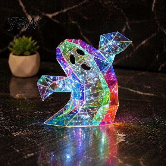 Charming Ghost Statue Light Prismatic Iridescent Halloween Decoration, Spooky LED Prism-Effect Small Nightlight for Desk Night Bedroom Hallway Table