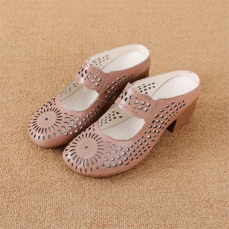 Johnature Mid Heel Slippers Ethnic Style Genuine Leather Hollow Out Breathable Women's Shoes