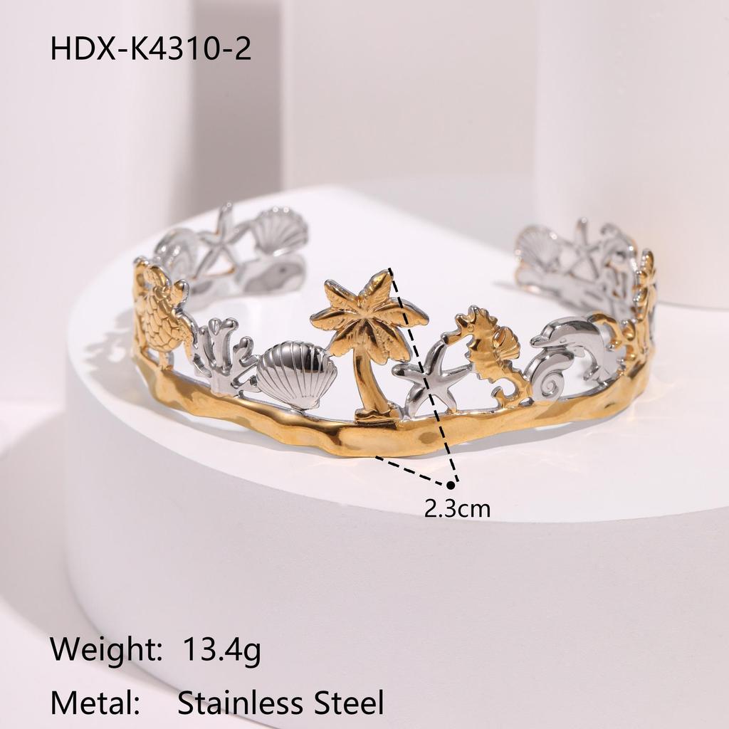 Ocean Style Mermaid Bangle with Coconut Tree & Pearl Inlay, Stainless Steel Jewelry