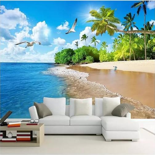 

Seascape Photo Mural Beach Coconut Tree 3d Wallpaper Living Room Bedroom Decoration Wall Mural 200 cm(W) x 140 cm(H)