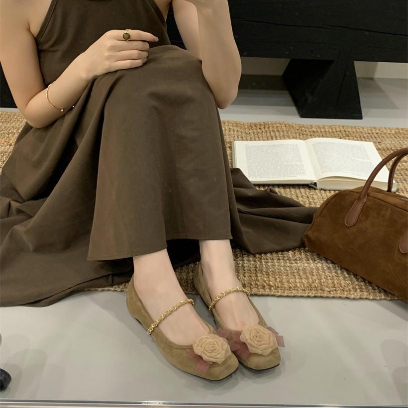 Spring 2025 Retro New Chinese Rose Single Shoes Dead Leaf Butterfly Thick Heel Mary Jane Suede Strap Medium Heel Women's Shoes