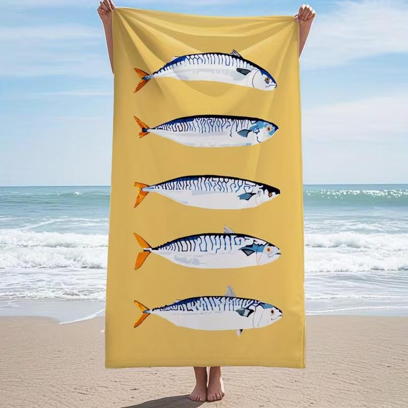 Vintage Cartoon Sardines Can Beach Towel Striped Fun Coastal Food Graphic Print Soft Absorbent Quick Dry Towel for Beach W30*H60(CM)