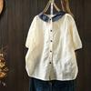 Jacquard Contrasting Doll Neck Short Sleeved Shirt for Women, Loose and Slimming Summer Wear, Artistic and Casual Top