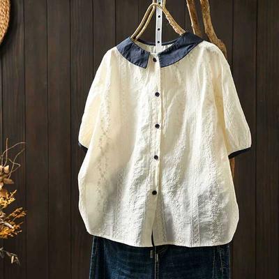 Chemise à Manches Courtes et Col Rond Jacquard Contrastant pour Femme, Vêtement d'Été Ample et Amincissant, Haut Artistique et Décontracté