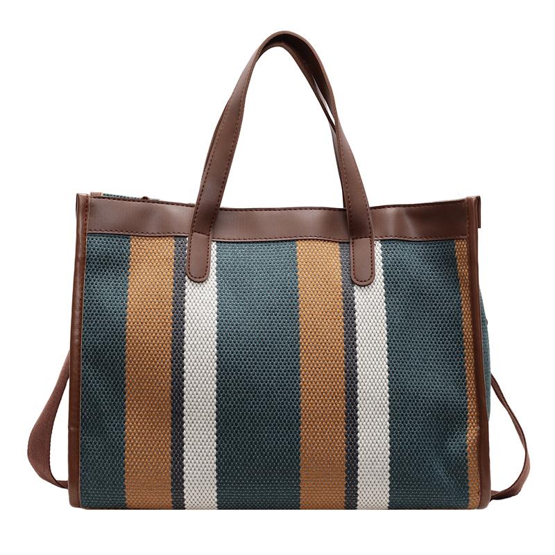 Large Capacity Canvas Bag Hand Carrying Student Class Crossbody Bag Striped Contrast Tote Bag