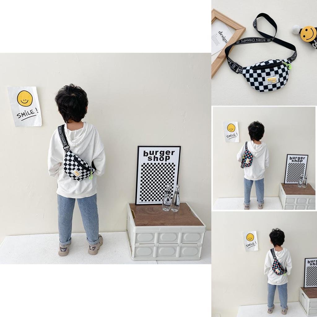 Trendy Modern Cool Boys Chest Bag Stylish Kids Waist Bag Checkered Small Crossbody