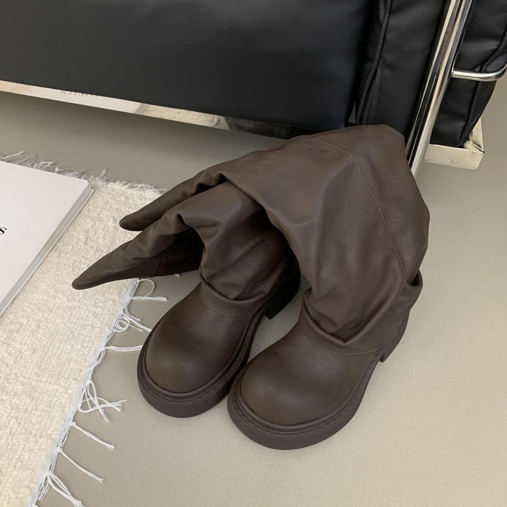 2025 autumn and winter new round head tall tube thin boots trousers women's fashion thick heel knight women's boots