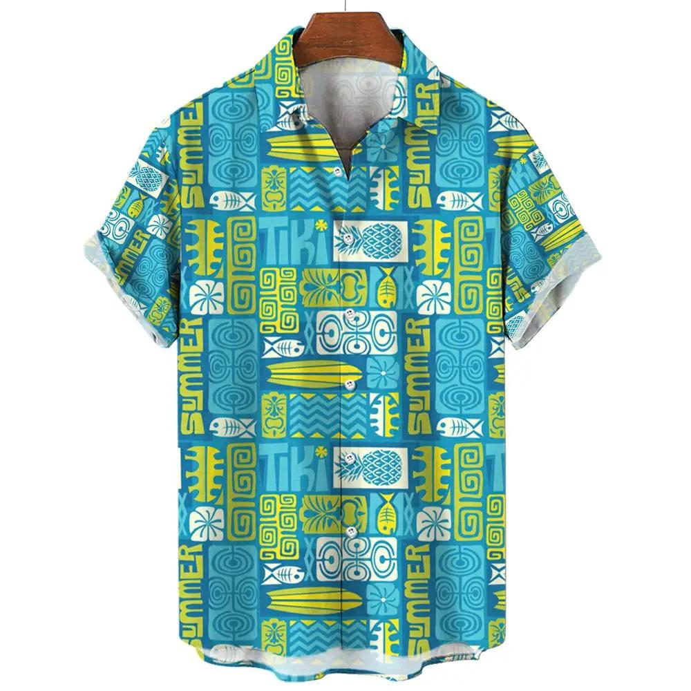 Hawaii Men's Shirt Tiki Pattern 3D Printed Tops Summer Fashion Holiday Casual ShirtShort Sleeves Shirts Lapel Button Streetwear
