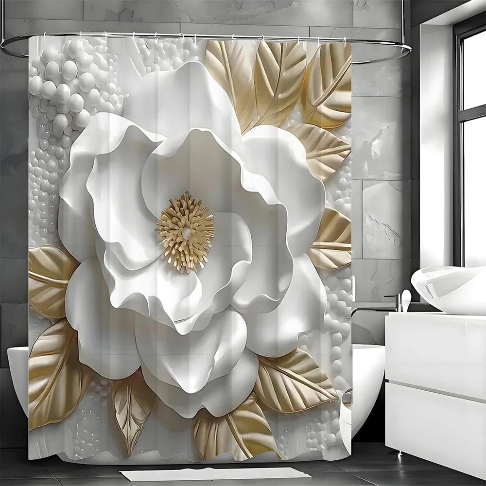 ~O~Embossed Camellia Creative Shower Curtain, Bathroom Decorative Shower Curtain, Waterproof Shower Curtain with Hooks