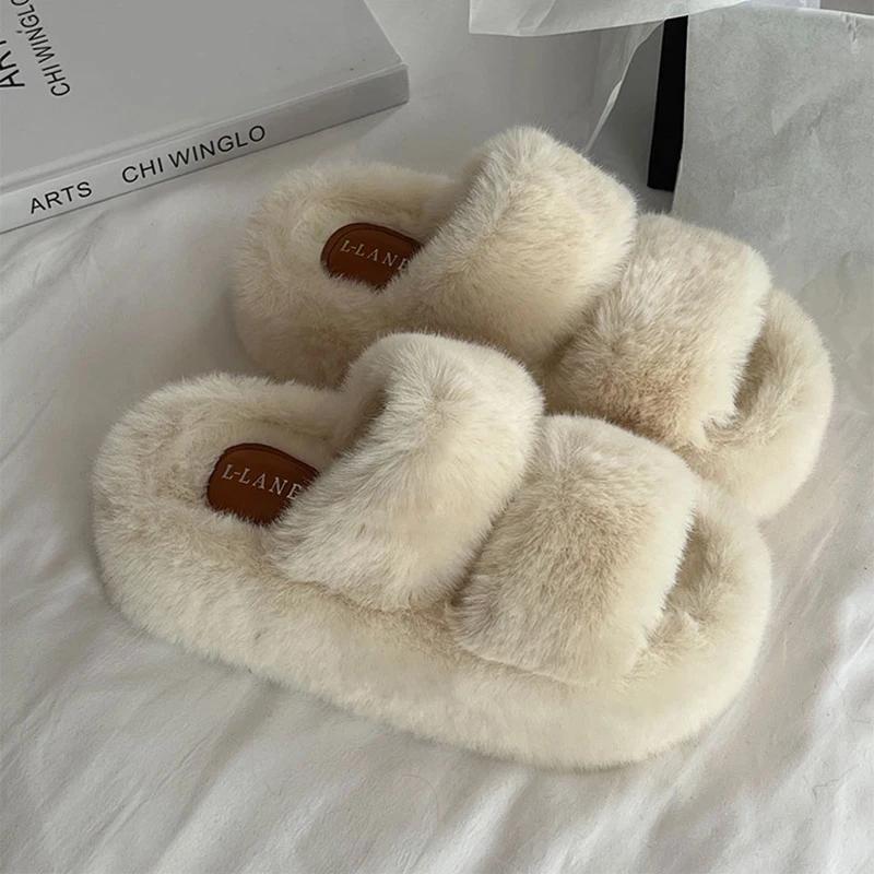 Fluffy 7CM Women Platform Flats Slippers Shoes Comfort Open Toe Slides 2025 New Spring Autumn Female Home Shoes