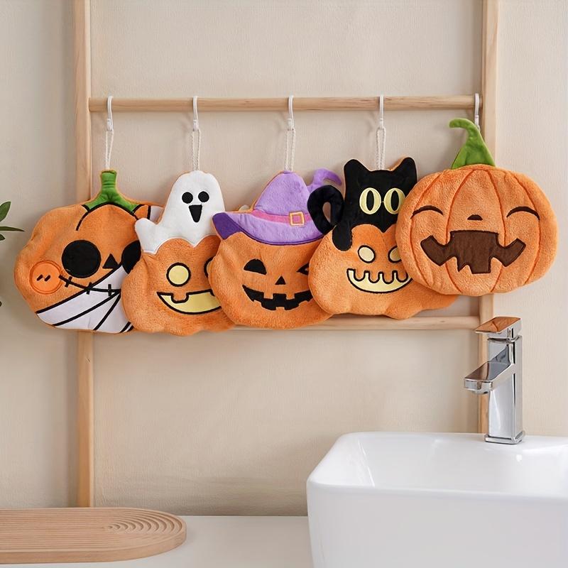 Halloween Pumpkin Coral Fleece Hand Towel - Cute Pumpkin Design, Polyester, Perfect for Kitchen, Bathroom, and Party Decorations