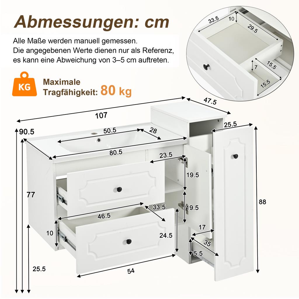Modern Bathroom Furniture Set 107 Cm with Ceramic Washbasin, 2 Drawers, 1-door Base Cabinet & Integrated Tall Cabinet.