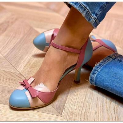 Słodkie Damskie Buty Wizytowe Okrągły Nosek Wysokie Obcasy Czółenka 6cm Pasek z Klamrą Kokarda Mieszany Kolor Duży Rozmiar 43 But na Randkę