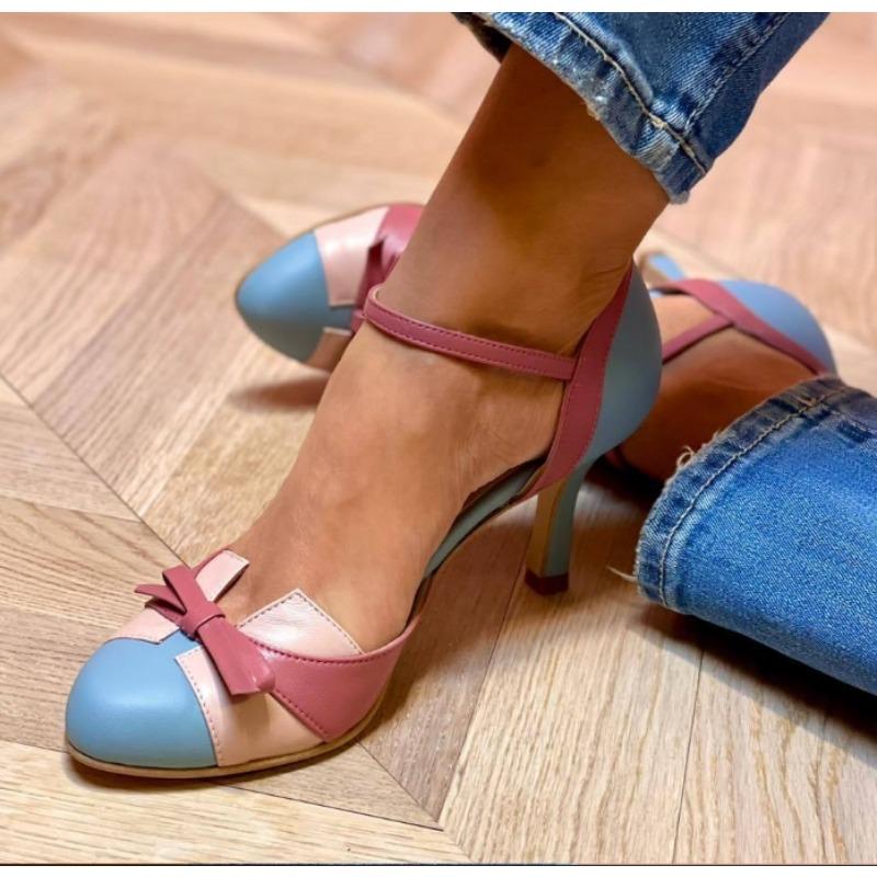 

Солодкі жіночі туфлі-човники з круглим носком, на високих підборах 6 см, з ремінцем на пряжці та бантиком, змішаного кольору, великого розміру 43, взуття для побачень 40 небо синє кольору