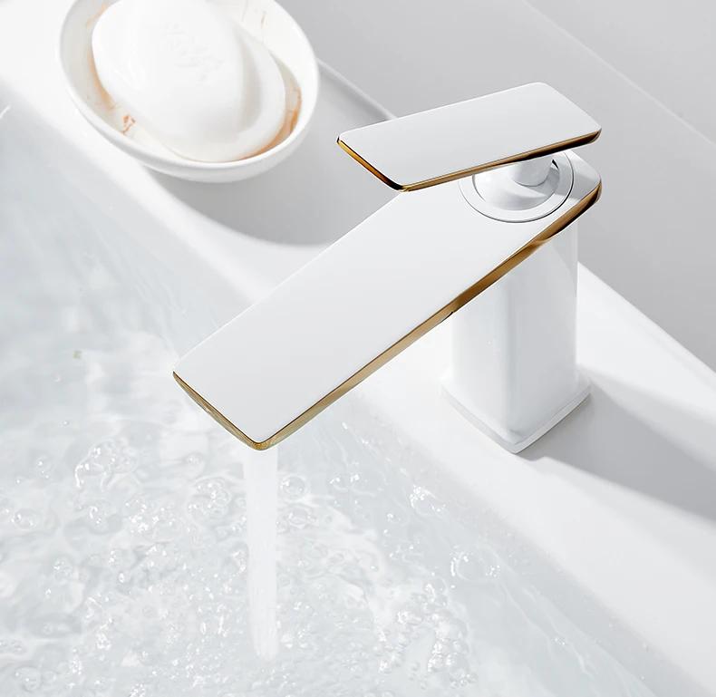 Bateria umywalkowa łazienkowa - Biała/Złota/Czarna/Chromowana Mosiądz, Montowana na blacie Jednouchwytowa, Natrysk Ciepła/Zimna