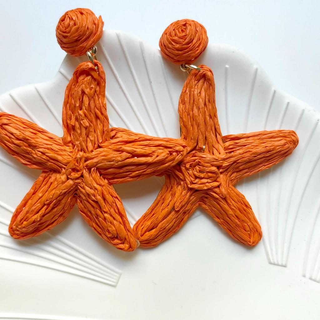 Starfish Raffia Woven Flower Stud Earrings - Seaside Resort Style Spring/Summer Accessories