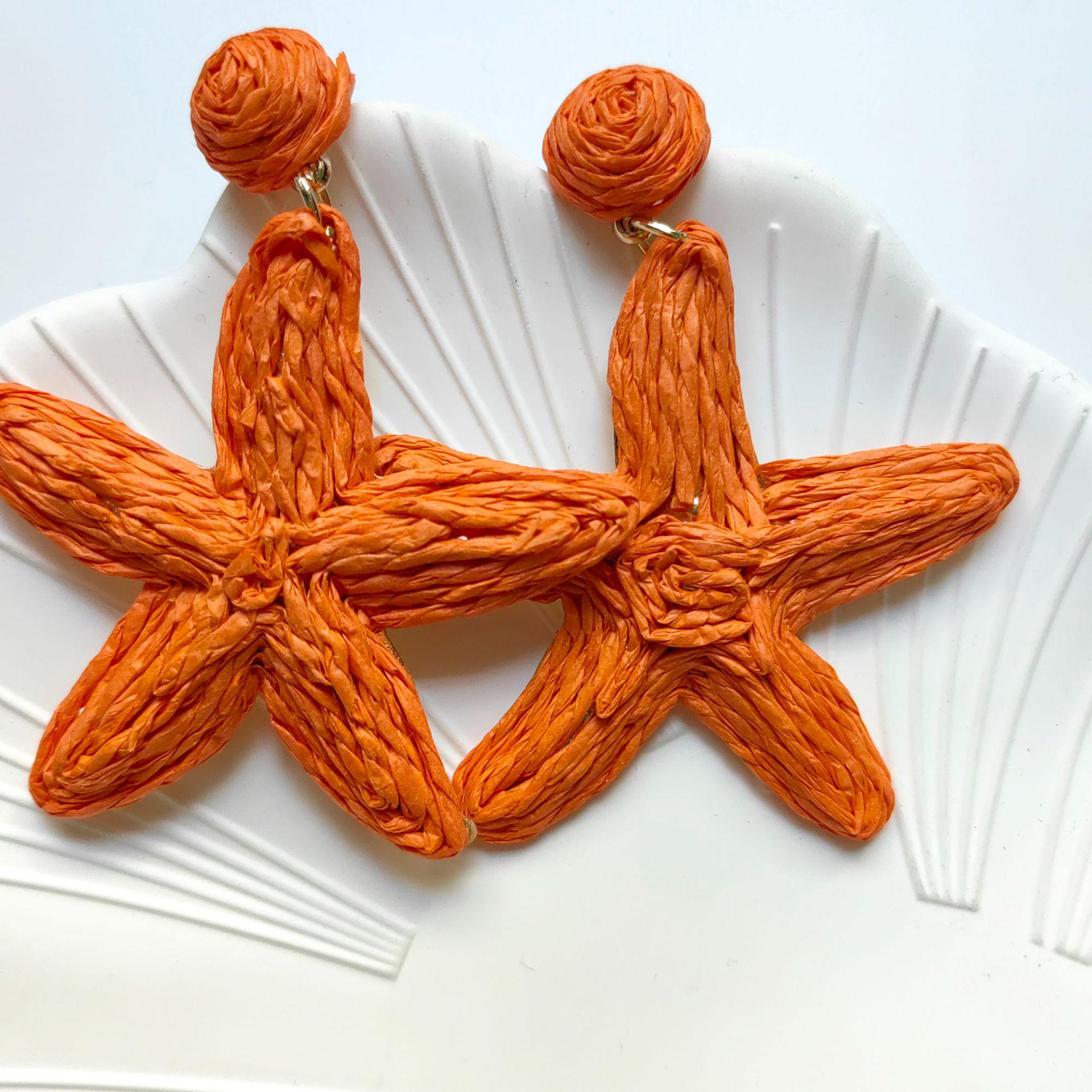Starfish Raffia Woven Flower Stud Earrings - Seaside Resort Style Spring/Summer Accessories