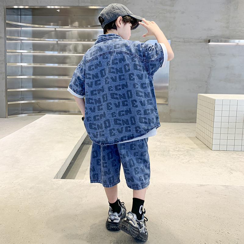 Conjunto de Ropa Casual de Verano para Niños Adolescentes Camisa y Pantalón Corto de Mezclilla Conjunto de 2 Piezas Adolescentes Niño Ropa Fresca Urbana Traje