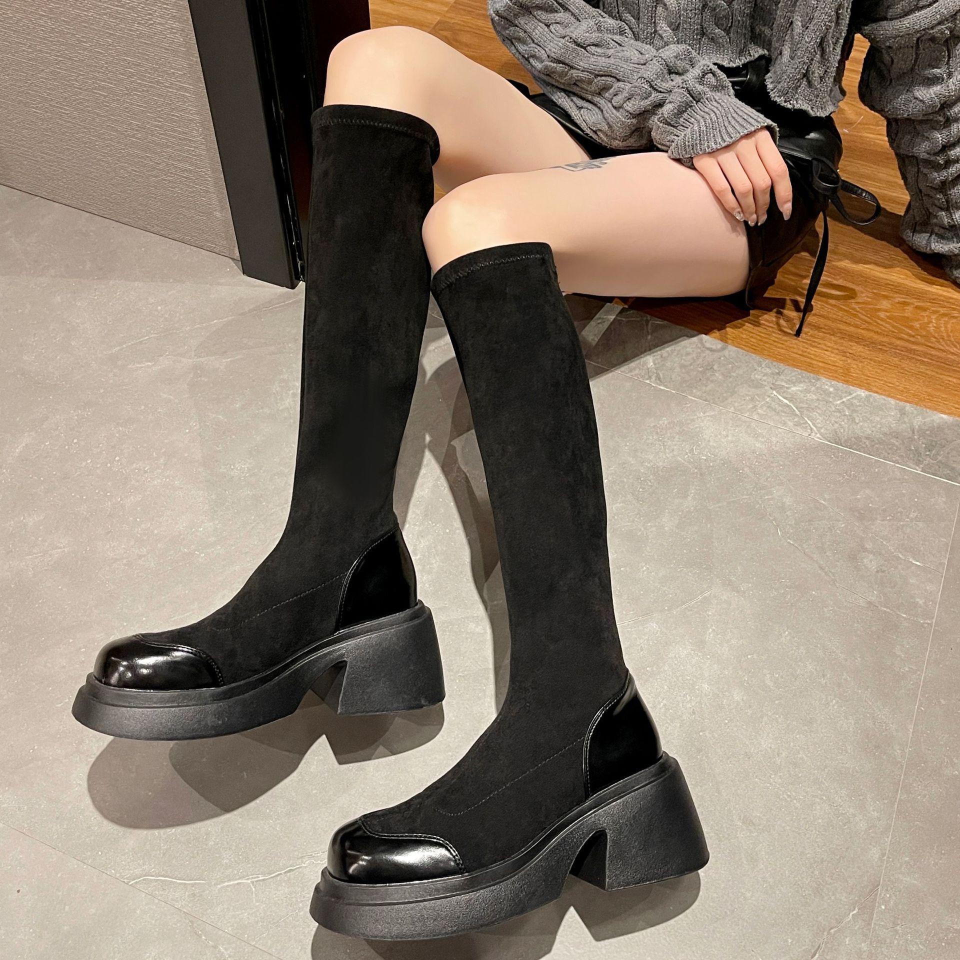 Женские эластичные сапоги на толстой подошве и толстом каблуке 37 чёрный — фото 5