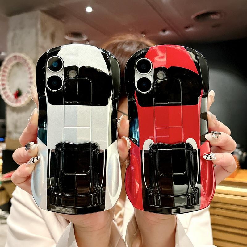 3D Car Shape Cool Glossy Phone Case For iPhone 16 Pro Max 15 Pro 14 13 12 11 Slim Hard PC Hybrid Silicone Soft Edge Shockproof Bracket Back Cover