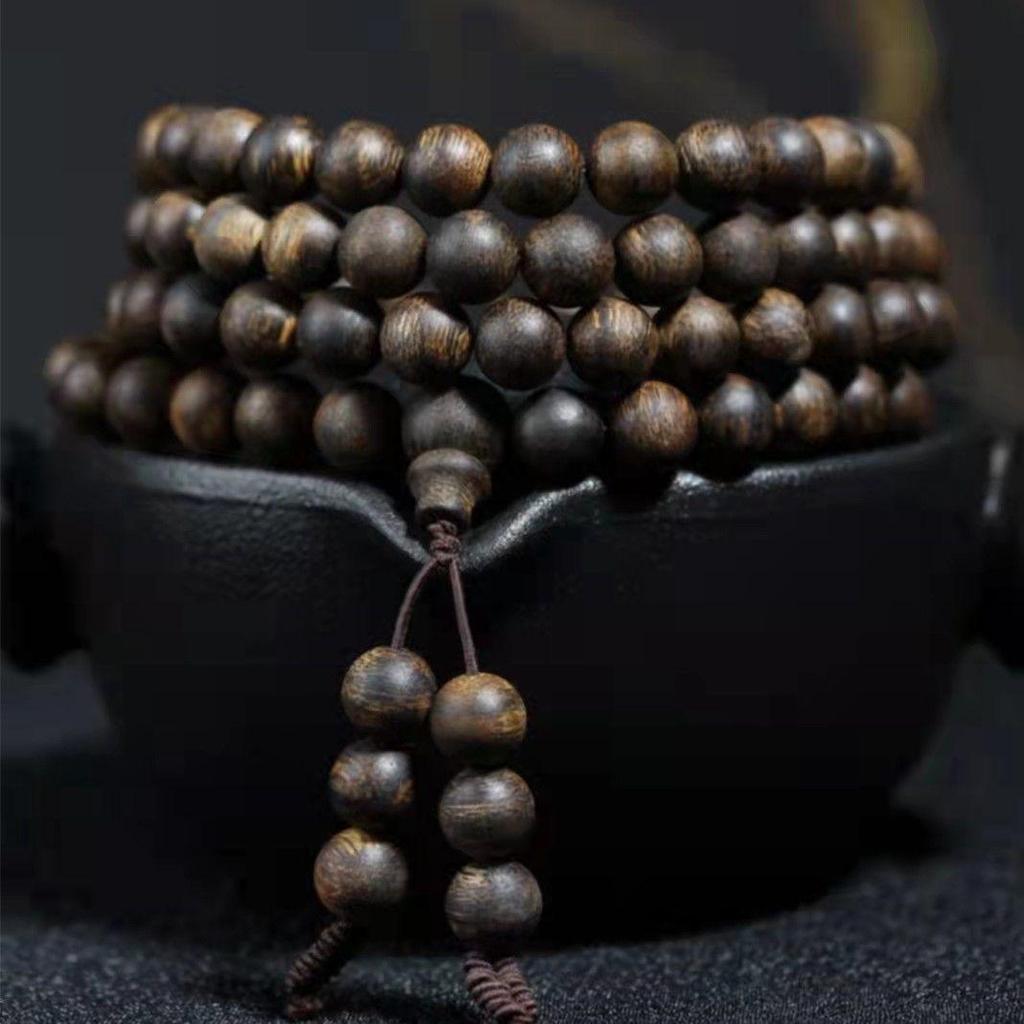 Agarwood Black Qinan High Oil Sinking Bracelet: 108 Bead Buddhist Rosary with Round and Barrel Beads, High-Quality Woody Hand Jewelry.