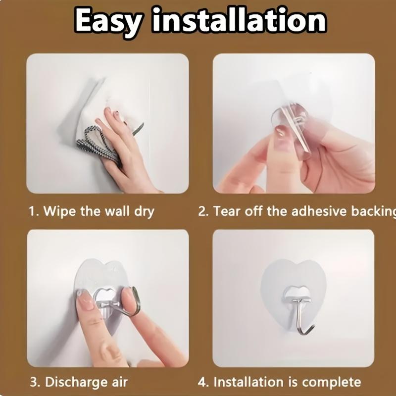 Large Heavy Duty Adhesive Hooks, No Drilling Required Transparent Plastic Suction Cups, Thickened Heart-Shaped Wall Mount, Suitable for Kitchen