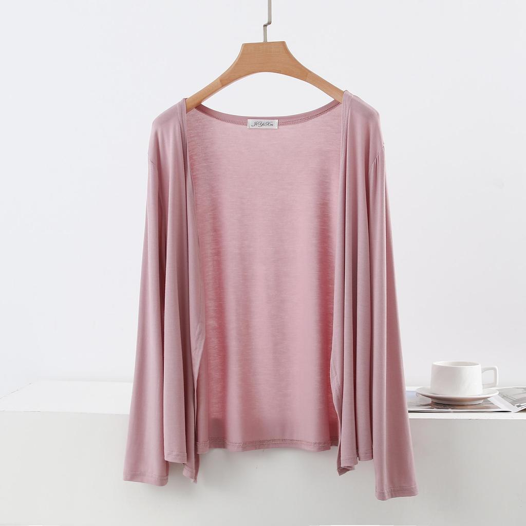 Dámský úzký modalový kardigan na jaro/léto - Jednobarevný, pletený top s dlouhým rukávem