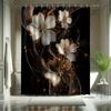 Golden-Embossed Four-Petal Flower Shower Curtain Set - White-Gold Flowers On Dark Background, Modern Bathroom Decor
