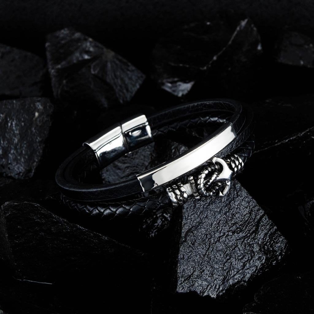 European and American Fashion Hot Selling Boat Anchor Bracelet Mens Black Leather Bracelet Layer Woven Retro Men Bracelet