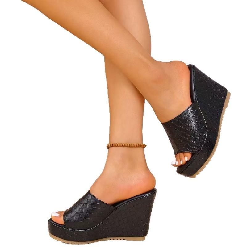 Damen Karomuster Keil Peep-Toe Plateau Pantoletten