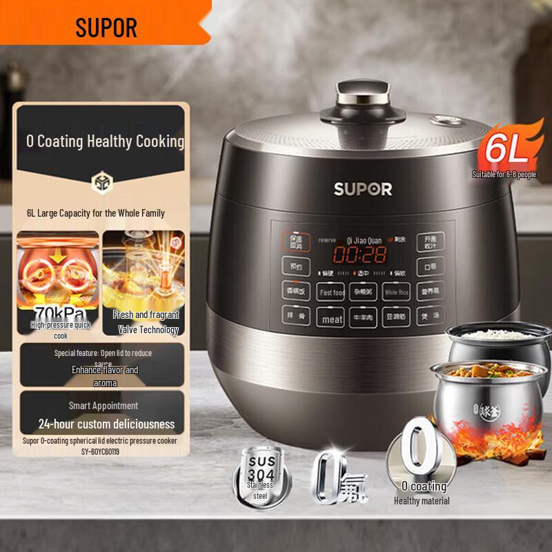 SUPOR 6L Electric Pressure Cooker with Dual Stainless Steel Pots