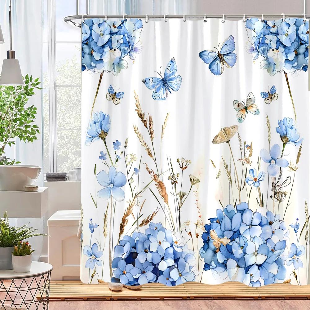 Beautiful Watercolour Botanical Floral Shower Curtain Pink Blue Floral Home Polyester Shower Curtains Bathroom Decor with Hooks